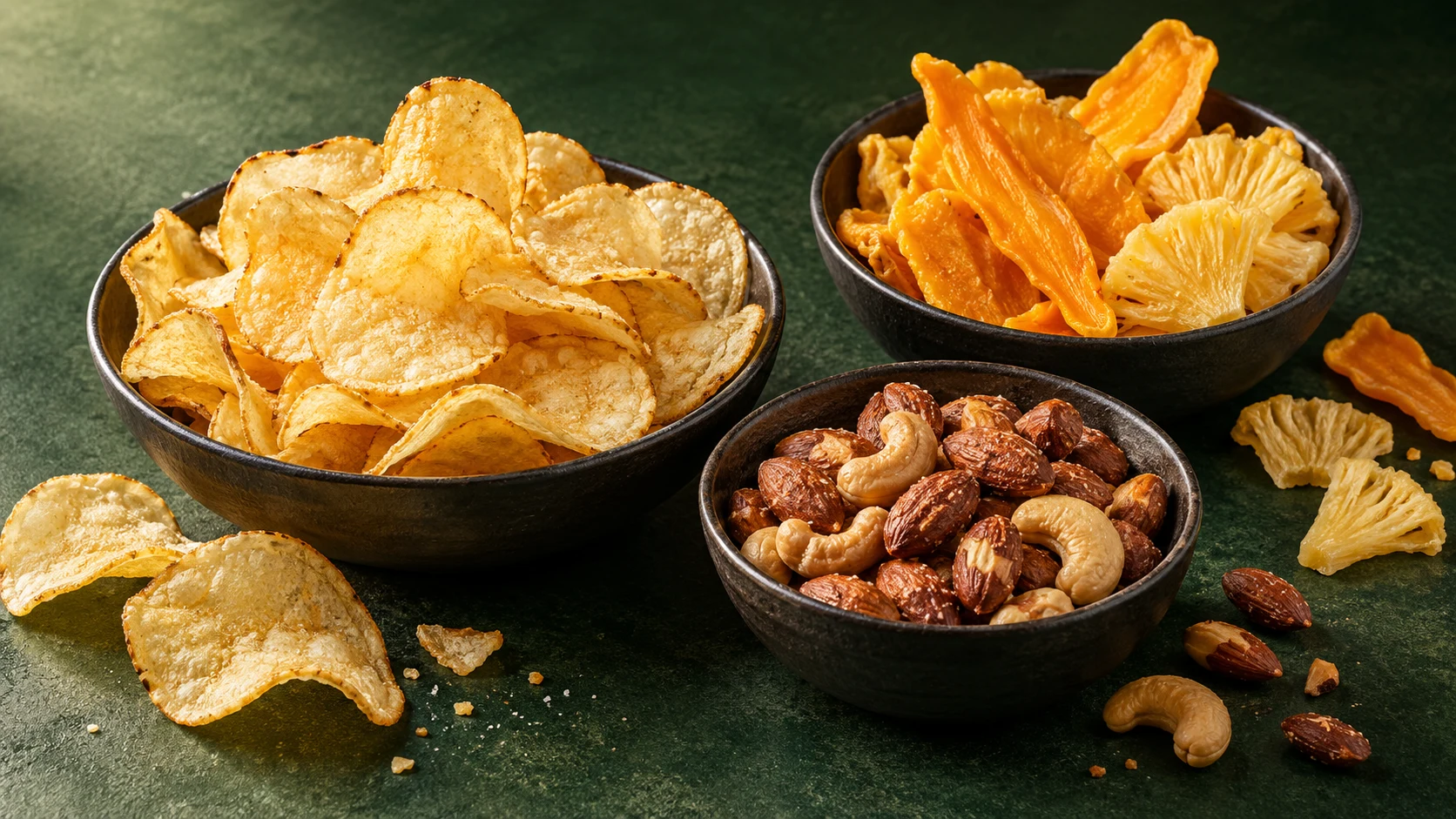Golden potato chips, dried tropical fruit and roasted nuts in bowls